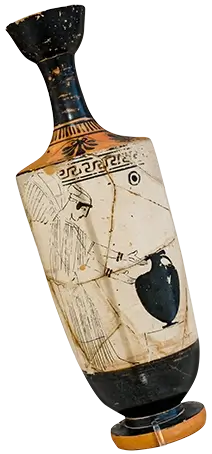 Photo of a sculpture titled 'Nike at fountain' (ARV 686 199) by the Bowdoin Painter, displayed at the Athens National Archaeological Museum (NAM) in Greece.