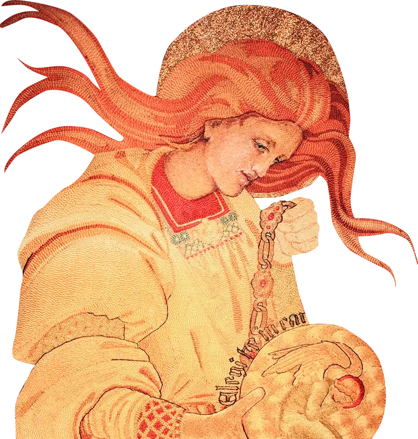 Illustration detail from 'Salvation of Mankind' by Phoebe Anna Traquair (1886 to 1893), showcasing intricate artistic work with religious and symbolic elements.