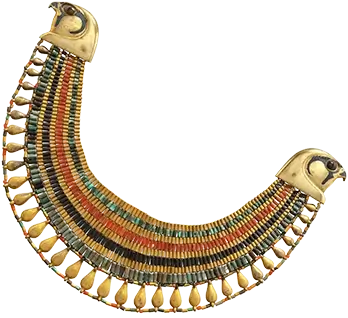 Photo of a broad collar of Senebtisi, an ancient Egyptian artifact made of gold and precious stones, featuring intricate designs and symbols.