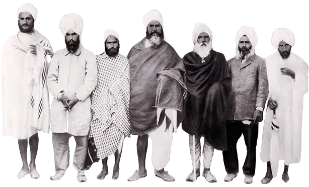 Photo showcasing Sardar Sant Singh, a prominent Sikh leader (1866-1927), surrounded by fellow Sikhs in circa 1905