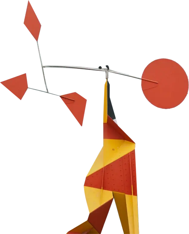 Photo featuring Alexander Calder's artwork titled 'Crinkly avec disque rouge' (1973), displayed in Stuttgart. The sculpture consists of crinkled metal elements with a red disc.