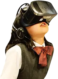 Photo of a girl wearing a VR headset, immersing herself in a virtual reality experience.