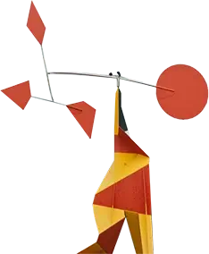 Photo of Alexander Calder's artwork titled 'Crinkly avec disque rouge' (1973), showcasing its dynamic and abstract sculptural form.