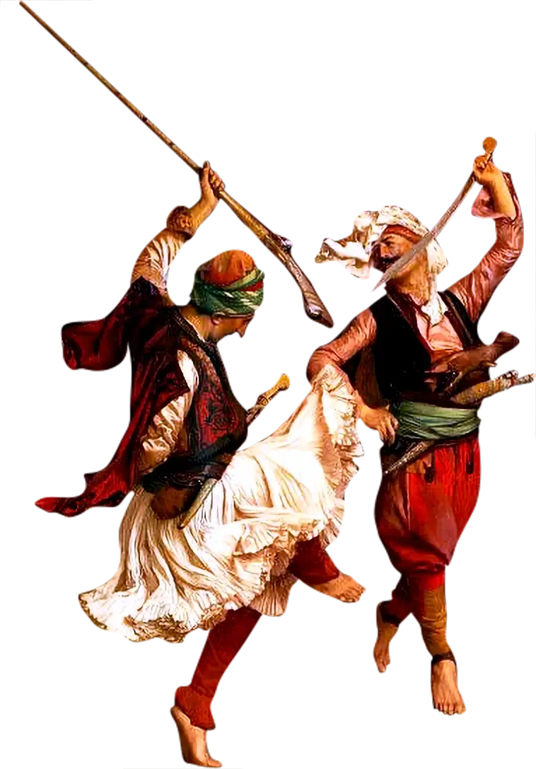 Captivating painting titled 'Danse des Épées' or 'Danse Arnaoute' created by Jean-Léon Gérôme in 1885.